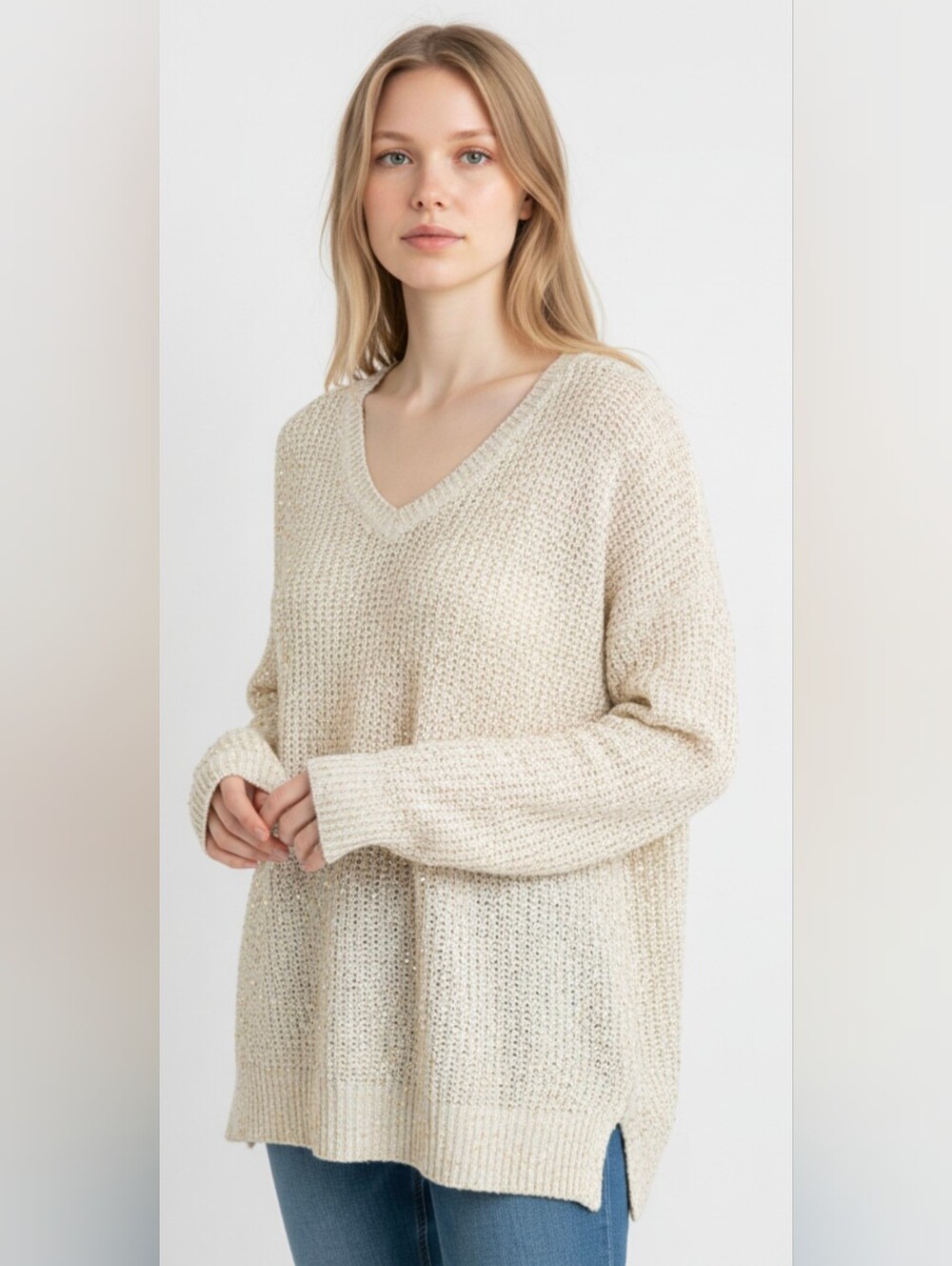 APT. 9! CREAM W/GOLD MINI SEQUINS DROP TAIL "BLOUSE" SWEATER! SZ M